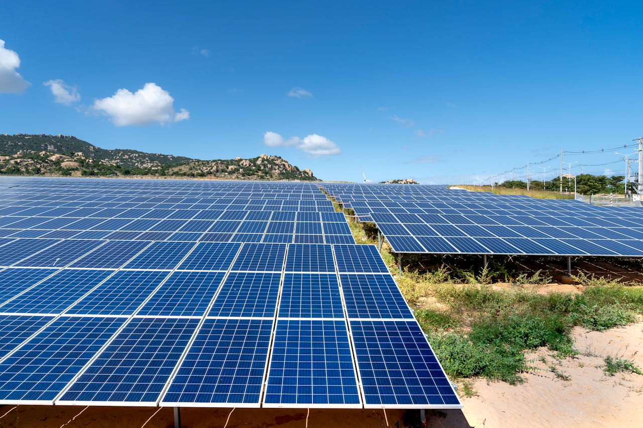 Services A vast field of solar panels harnessing solar energy on a sunny day.